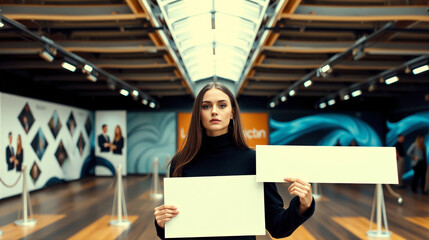 young girl at a presentation in a pavilion with two blank sheets of paper in her hands