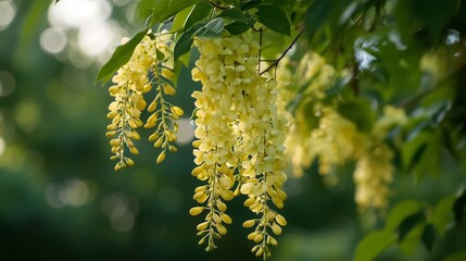 Poster - Delicate clusters of yellow flowers hang gracefully from lush green leaves during a serene afternoon in nature