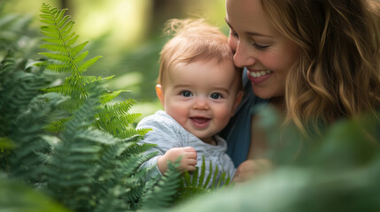 Portrait of Mother with her cute baby in park between fern leaves
