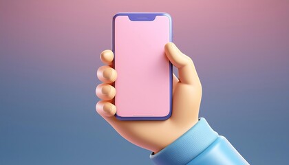 A hand holding a smartphone with a blank pink screen against a soft gradient background.