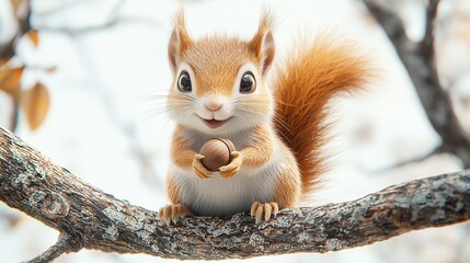 Sticker -   A clear photo of a squirrel perched on a tree limb, holding a nut in its jaw and gazing directly at the lens