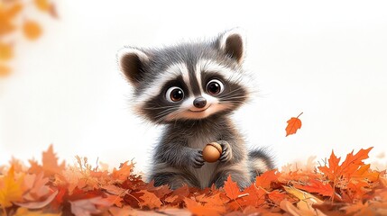 Canvas Print -   Autumn leaves surround the raccoon in a painting, holding acorn in hand against white backdrop