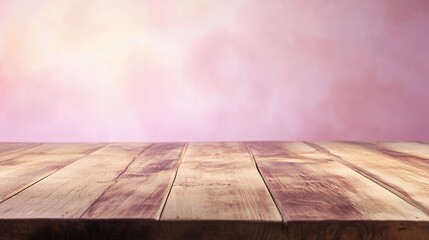 Poster - Wooden tabletop with a soft pink blurred background.