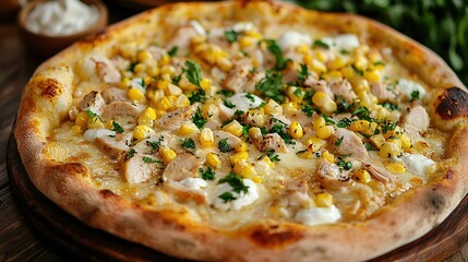 Poster -   A pizza atop a wooden board, adorned with cheese and veggies, resting on a wooden table