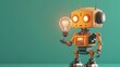 © night - A cute, cartoon robot holds a glowing lightbulb.