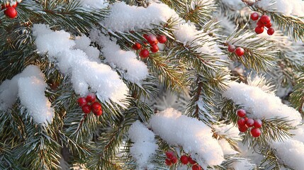 Sticker -   A zoomed-in view of a pine tree covered in snow, with ripe red berries adorning its branches