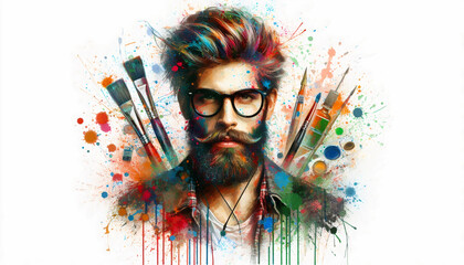 A bearded man with colorful splashes and paintbrushes around him, symbolizing creativity and artistic expression