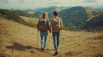 Loving mid aged couple with a backapacks hiking on the hills together
