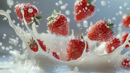 Wall Mural -   A cluster of strawberries dousing into a container of milk with milk spilling from the tip of the berries