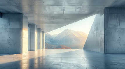 Poster - Abstract of concrete interior with sun light cast the shadow on the floor, Geometric structure design,Museum space on mountains view background, Perspective of brutalism architecture.