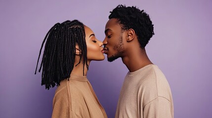 Side view young couple two friends family man woman of African American ethnicity wear casual clothes together kiss each other with generative ai