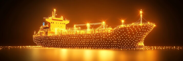 Golden Digital Cargo Ship, Transport Icon in Network Connection, on Technology Background