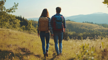 Loving mid aged couple with a backapacks hiking on the hills together
