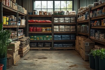 Organized Garden Supply Store with Shelves of Fertilizers and Seeds