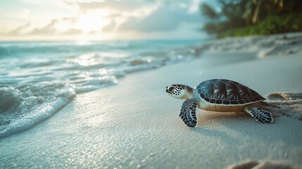 Poster -   A tiny turtle lounges on sandy shores while the vast ocean stretches behind, framed by a fiery sunset in the heavens