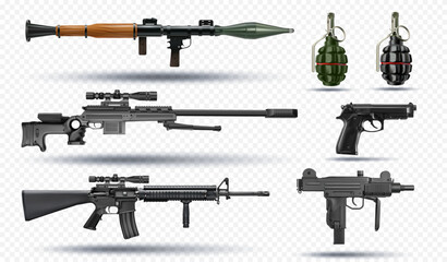 variety of firearms modern weapons realistic vector illustrations set