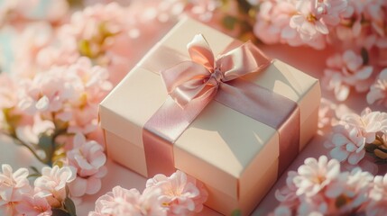 Wall Mural - Close-up of a beautifully wrapped gift box with satin ribbon and delicate flowers on pastel background