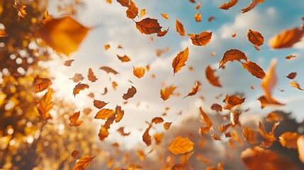 Poster - A cluster of orange leaves fall in a gentle breeze against a blue sky and white clouds.