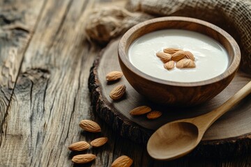 Wall Mural - Almond milk with almond in a wooden spoon and bowl on a wooden (selective focus; close-up shot) - generative ai