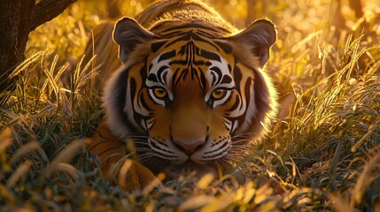 Wall Mural -   A close-up tiger lying on a green field surrounded by trees