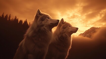 Wall Mural -   Two majestic white dogs stand side by side in front of a stunning sky filled with fluffy clouds and a towering mountain in the backdrop