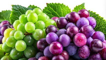 Lush, juicy grapes in vibrant purple and green display their rich textures against a pristine white backdrop,