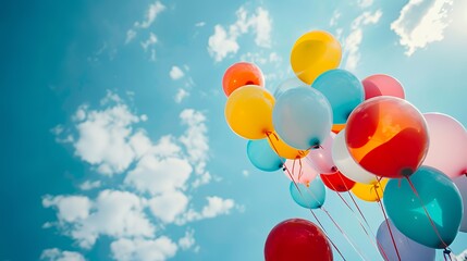 Poster - Colorful balloons floating against a blue sky with white clouds.