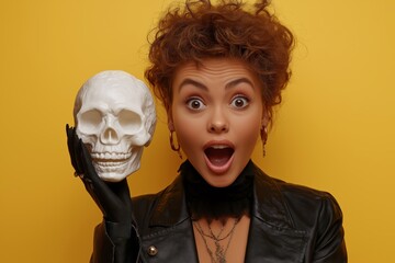 Wall Mural - Woman is holding a skull and is making a surprised face. Happy Halloween concept. Scared horrible female in special outfit, wears white clay skull, professional makeup to look spooky,