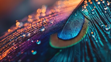   A close-up of a peacock's tail, with droplets of water on multicolored feathers