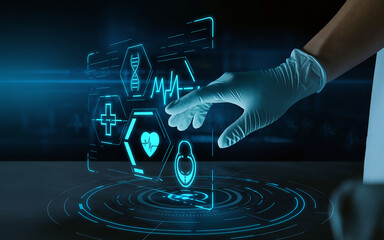 futuristic medical technology, holographic interface, gloved hand interacting with digital display, blue glowing icons, medical symbols,