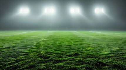 Illuminated Football Field at Night With Fog and Bright Floodlights Shining Over the Grassy Surface