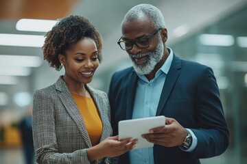 they always find a way to get things done. shot of two businesspeople discussing something on a digi