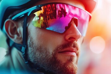 Spost background with copyspace. Cyclist. Dramatic colorful close-up portrait. with generative ai