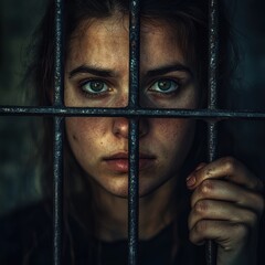 iron bar. close-up portrait of female prisoner holding bar behind the steel lattice in gaol