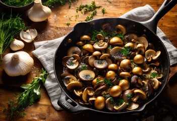 Wall Mural - freshly mushrooms colorful skillet highlighting aroma texture cooking ingredients, vegetables, oil, heat, surface, dish, blend, presentation, food, gourmet