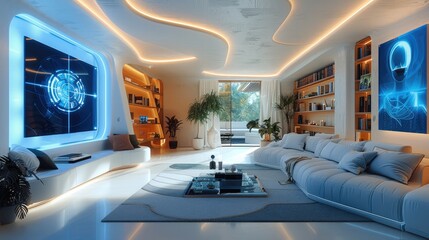 A futuristic living space where an AI-powered central control system manages the entire home, including climate control, lighting, security cameras, and entertainment systems.