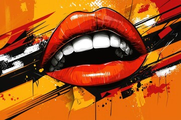 Wall Mural - A Close-Up of Red Lips with White Teeth Against an Abstract Orange and Black Background