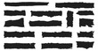 © MicroOne - Black ripped paper strip set. Cutout regtangular pieces with torn edges shreds of pages. Grunge background silhouettes. Rough jagged frames. Black and white simple flat style. Isolated vector on white