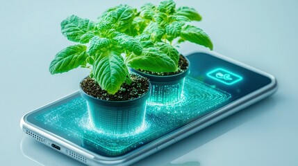 a smartphone displaying two potted plants with a glowing digital effect, showcasing technology and n