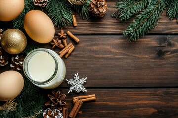 Wall Mural - Ingredients for New Year drink eggnog - eggs, milk, cinnamon on dark wooden background top view frame copy space - generative ai