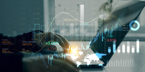 Leinwandbilder - Businessman using laptop for analyzing data sales and financial graph chart. Business development strategy,analysis and planning.Financial marketing graph and profit stock market.