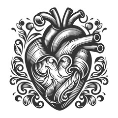 Wall Mural - ornate heart with intricate swirls and patterns sketch engraving generative ai fictional character raster illustration. Scratch board imitation. Black and white image.