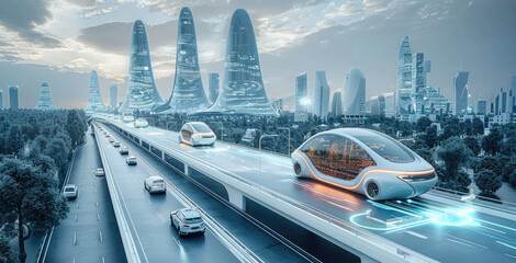 Poster - A futuristic cityscape with autonomous cars navigating intelligently. taken from an elevated position.