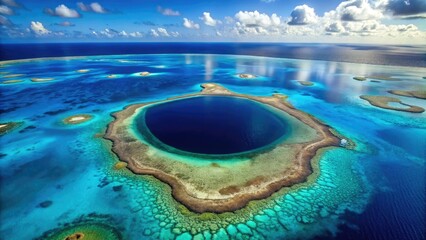 A magnificent aerial shot of the Great Blue Hole in Belize reveals vibrant blue waters, captured from space, showcasing its extraordinary beauty and geological significance.