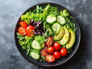 Wall Mural - a top view of a fresh vegetables salad with mixed greens, cherry tomatoes, cucumbers, and avocados, drizzled with olive oil and served in a large bowl.