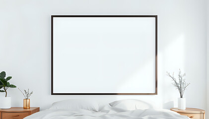 Stylish Bedroom Mockup Featuring an Empty Photo Frame on a White Wall