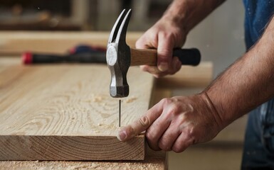 close up of Carpenter working with tools over table at carpentry workshop