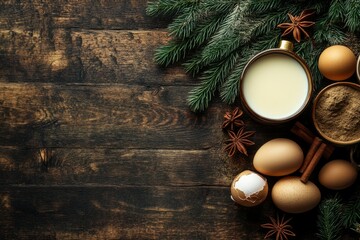 Wall Mural - Ingredients for New Year drink eggnog - eggs, milk, cinnamon on dark wooden background top view frame copy space - generative ai