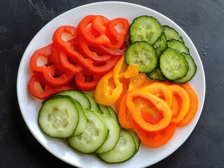 Wall Mural - a top view of sliced vegetables, including bell peppers, cucumbers, and carrots, artfully arranged on a white plate.