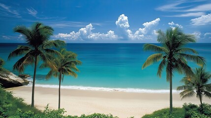 a tropical beach from a top view, showcasing palm trees lining the coastline, clear blue waters, and soft white sand.